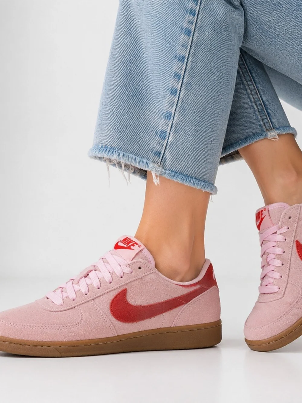 Nike Women's Pink Suede Sneakers Gum Sole Red Swoosh Size 9 New